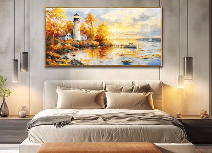 Large Framed Sunset Beach Canvas Wall Art Boat Lighthouse Seascape Painting