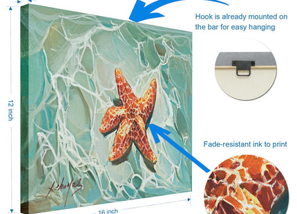 JZLDZS Starfish Canvas Wall Art, Green Orange Ocean Decor 12x16 Inch Framed
