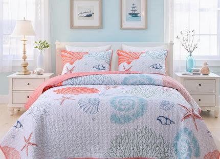 Heymybed Coastal Quilt Set King Size Beach Coverlet Pink Starfish Coral Seashell Bedspread Ocean Beach Themed Bed Cover Microfiber Soft Lightweight Bedding Sets for All Seasons (106"×92")