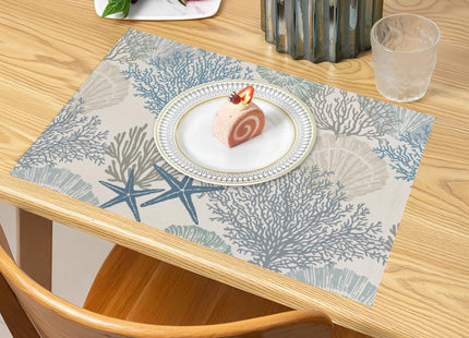 Nautical Coastal Placemats Set of 4 18x12 Inch Summer Beach Themed Linen Place Mats Heat-Resistant Washable Wipeable Seashell Starfish Coral Table Mat for Party Kitchen Dining Room Dinner Table Decor