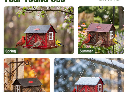 Kingsyard Metal Bird Feeder for Outdoors Hanging, 2-in-1 Wild Bird Feeder with Seed Tray & Built-in Perch, 5 lb Large Capacity for Cardinal Chickadee Finch, Red