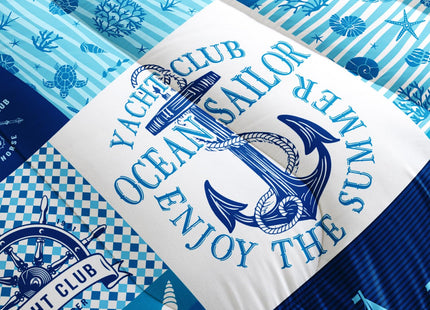 Nttopship Blue Ocean Grid Theme Comforter Set for Kids and Adults Anchor Sailboat Lighthouse Shell Quilt Set for Bedroom 100% Soft Microfiber Quilt Set with 1 Comforter and 2 Pillow Case