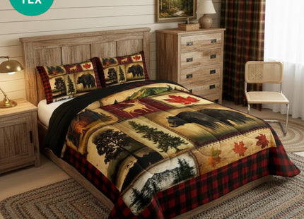 Bear Cabin Plaid Comforter Set Queen, Rustic Farmhouse Bedding Comforter Sets, Retro Hunting Deer Bedding, Country Woodland Pine Tree Duvet Set, Maple Leaf Lodge Decor Down Comforter, Red Black Brown