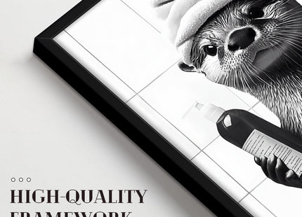 Funny Otter Bathroom Wall Art, Otter Getting Ready for Bath Canvas Print, Framed Black and White Farmhouse Decor for Bathroom Restroom Guest Bath, 12x16 Inch