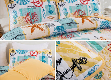 DJY Coastal Quilt King Size, 3 Pcs Yellow Beach Theme Bedspread Coverlet