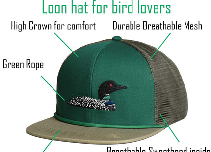 EDTREK Outdoorsman Pro Trucker Breathable Mesh Performance Cap - Flat Brim Snapback Hat (Common Loon - Green Wood Ash)