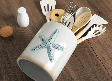 Bicuzat Ceramic Starfish Embossed Utensil Holder, Large Cooking Utensil Crocks for Countertop, Ocean Style Utensil Organizer for Spatula