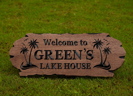 Personalized Cabin Sign - Rustic Wood Welcome Sign for Outdoor, Home Wall Decor,Farmhouse Decor, Custom Backyard Sign,Carved wood sign.3D Carving Wood Sign.