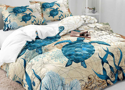 LUVIVIHOME 3PCS Blue Sea Turtle Duvet Cover Queen Bedding Sets, Coastal Bedding Teen Boys Girls Kids Bedding Beach Ocean Seaweed Coral Starfish Sea Animal Nautical Comforter Quilt Cover 2 Pillow Cases