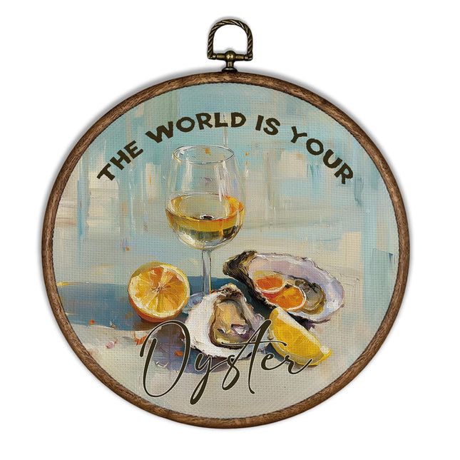 XBBMGG Coastal Oyster Lemon Wall Art Decor, Vintage Seashell Champagne Round Wall Hanging Decor, Nautical The World is Your Oyster Framed Canvas Prints for Kitchen Dining Room Decorations, 10x10inch