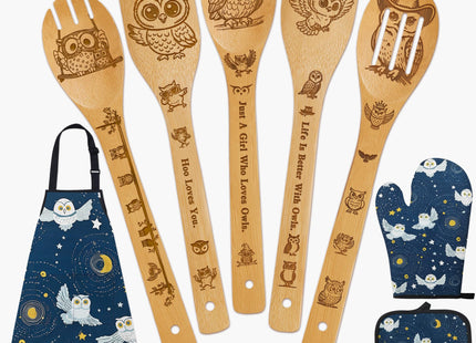 Owl Gifts for Women,8pcs Owl Bamboo Cooking Utensil Spoons with Apron Oven Mitt Potholder,Personalized owl Gift for Mom,Housewarming Kitchen Decor,Easter,Birthday,Mother's Day