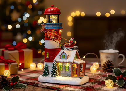 VISFLAIR Musical Christmas Village Figurines Lighthouse & Flying Santa Collectibles Building Statues, Battery & USB Christmas Home Decor Gifts Festive Holiday Decorations