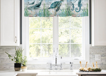 Sea Turtle Valances for Windows, Nautical Shark Valance Curtains, Coastal Marine Life Kitchen Curtains, Bathroom Curtains Window 54x18 Short Curtains, Kitchen Window Curtains Over Sink, Cafe Curtains
