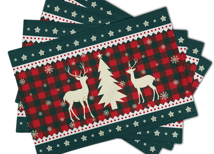 Christmas Elk Snowflakes Placemats Set of 4 for Dining Table,Xmas Reindeer Red Green Buffalo Plaid Washable Table Mats Placemats for Winter Kitchen Holiday Coffee Place Mat 18 x12 Inch