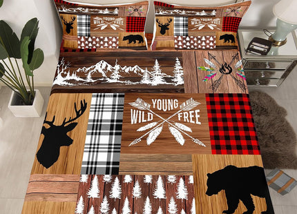 Retro Cabin Bed Sheet Rustic Adventure Bear Deer Fitted Sheet Hunting Wildlife Wild Animal Bedding Sets Plaid Lodge Farmhouse Fitted Bed Sheets Western Country Comforter + 1 Pillow Case, Twin Size