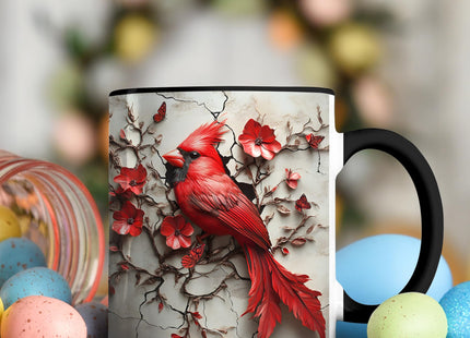 ANOVRA Cardinal Bird Ceramic Mug, Artistic Red Cardinal with Flowers and Cracked Background, Gift for Bird Lovers (Black, 11oz)