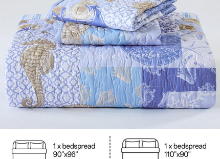 Xruibed Coastal Quilt Set Queen Size, Blue Nautical Beach Quilt Set, Reversible Lightweight Patchwork Bedspread with 2 Pillowshams Soft Microfiber Bedding Set for All Season 90"x96"