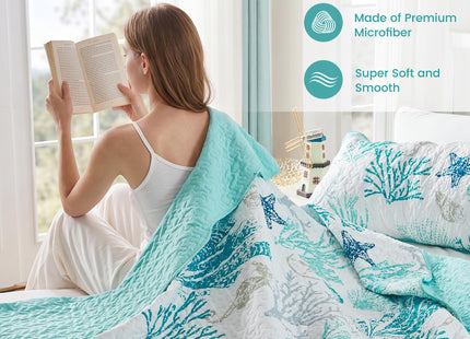 Qucover Coastal Quilt King Size 98"x106", Ocean Beach Themed Bedding with Seashell Coral Pattern, Soft Lightweight Reversible Microfiber Bedspread, Nautical Coverlet for Summer, Teal Green