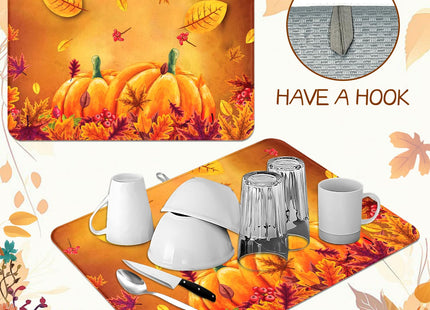 Fall Dish Drying Mat, Harvest Pumpkin Maple Leaf Kitchen Pad 18x24 Inch