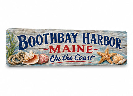 Boothbay Harbor Coastal Driftwood Metal Sign — Maine Souvenir Wall Decor