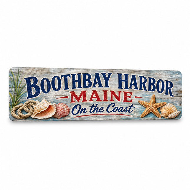 Boothbay Harbor Coastal Driftwood Metal Sign — Maine Souvenir Wall Decor