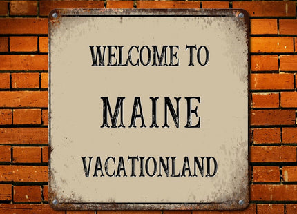 Woguangis Welcome To Maine Metal Tin Signs 10x10in Maine State USA America States Vacationland Funny Metal Sign Retro Wall Decoration Plaque for Outside for Yard Pool Garden Basement Porch