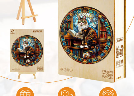 Wooden Puzzles for Adults, Maine Cat Library Wood Puzzles Adult, Unique Animal Shaped Wooden Jigsaw Puzzle, Creative Birthday Gifts for Friends/Family/Puzzle Lovers, Home Decor(M-11.4 * 11.4in 200pcs)