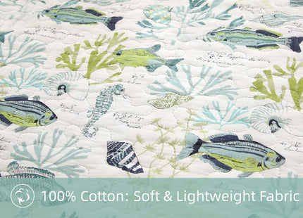 SUCSES King Size Quilt 3 Pieces Pre-Washed Cotton Coverlet Reversible All Season Lightweight Oversized Bedspread Summer Ocean Coral Print Quilt Bedding with 2 Pillow Shams