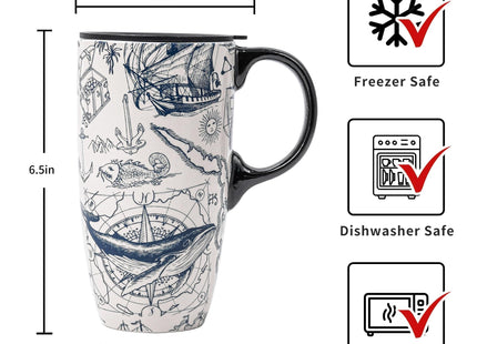Topadorn 17oz Ceramic Travel Mug with Lid, Nautical Map Coffee Mug