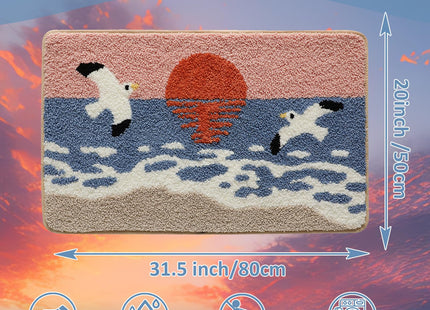 WREWING Beach Sunset Plush Bath Mat, Wave & Seagull Non-Slip Rug with Non-Slip Backing, Soft Absorbent Polyester Floor Mat for Bathroom, Machine Washable Bath Mats 20 x 31 Inches (Red)