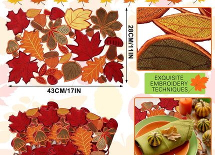 Fall Placemats Set of 6 Thanksgiving Embroidered Maple Table Mat, 11x17 in