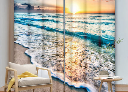 Renaiss Sea Sand Beach Window Curtains Sunset Clouds Blue Seashore Coastal Ocean Printing Window Treatment Darkening Privacy Blackout Durable Drapes for Bedroom Living Room Decor 21x45 Inch x 2 Panels