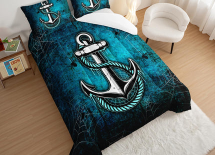 HOSIMA Nautical Comforter Set Twin,Blue Ocean Themed Bedding Sets Twin,Spider Web and Anchor Print Kids Bedding Set for Boys Adult Kids Girls,Blue Comforter Twin Size with 2 Pillow Shams.