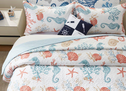 LEAONME Coastal Quilt Set Twin Size - Lightweight Microfiber Reversible Bedspread, 68''x86'', Coral, Includes 1 Sham