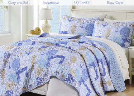Xruibed Coastal Quilt Set Queen Size, Blue Nautical Beach Quilt Set, Reversible Lightweight Patchwork Bedspread with 2 Pillowshams Soft Microfiber Bedding Set for All Season 90"x96"