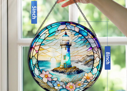 Stained Glass Window Hanging, Pauyadu Lighthouse Sun Catchers, Stained Glass Suncatcher, Lighthouse Decor Gifts for Women, Men, Lovers, Friend, Family and Partners- 8 Inch