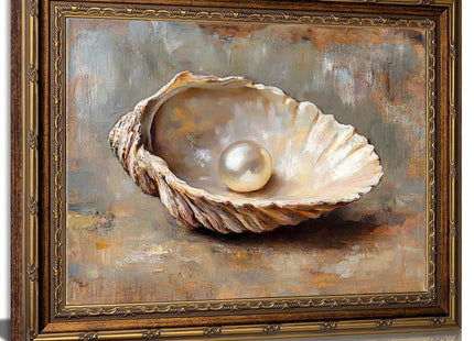 Vintage Gold Framed Wall Art, Seashell and Pearl Canvas Print, 11x9 In