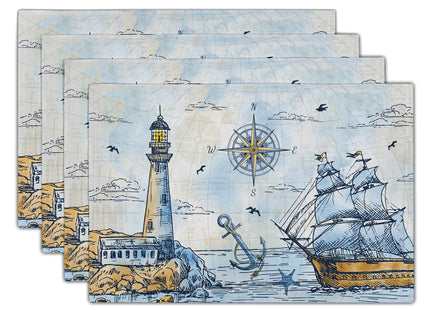 Nautical Placemats Set of, Retro Compass Lighthouse Anchor Sail Boat Ocean Theme Placemat Heat Resistant Washable Place Mats for 4 for Party Home Dining Tables Decor