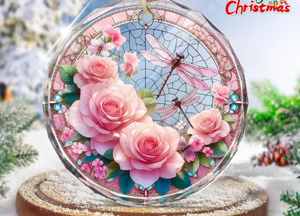 Stained Glass Flower Dragonfly Ornament, Flower Dragonfly Christmas Decoration for Tree, Holiday Presents and Xmas Gift