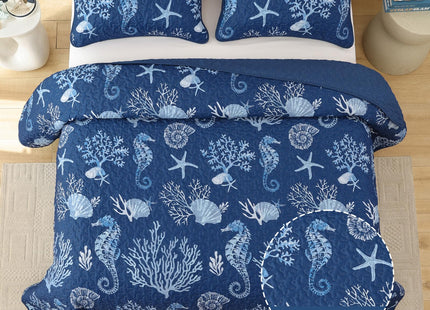 Djoymock Coastal Quilt Set Queen Size 3 Piece, Summer Beach Blue Theme Quilts with Pillowcases Microfiber Ocean Bedding Set Nautical Bedspreads Coverlet Lightweight Comforter for All Season