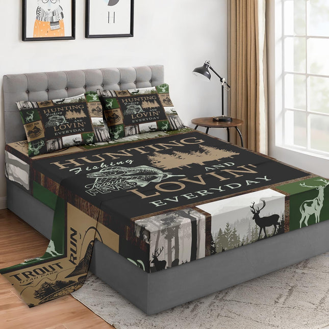WeCozy Full Bed Sheet Set, 4 Pieces Deer Moose Bedding with Flat