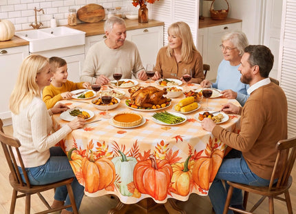 Softalker Fall Tablecloth Round, Orange Buffalo Plaid with Pumpkins