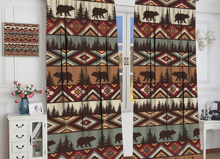 SHElifestyle Bear Tribal Aztec Curtains, Rustic Fir Tree Cabin Country Lodge Camping Window Treatments Retro Abstract Geometric Blackout Window Drapes for Bedroom Living Room 42x45in