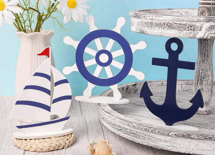 COCHIE Wooden Anchor Nautical Decorations Set of 3, Double-Sided Summer Nautical Tiered Tray Decor, Wood Cruise Anchors Sign for Tabletop, Home, Office, Desk, Shelf, Party Decoration (Sailboat)