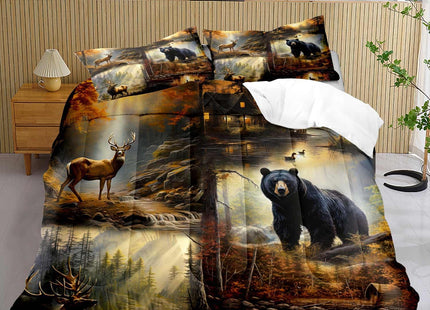 LUVIVIHOME 3PCS Black Bear Deer Comforter Set Queen Size, Elk Moose Mallard Duck Woodland Forest Animal Wildlife Hunting Camo Hunter Country Lodge Rustic Farmhouse Cabin Bedding Sets, 2 Pillow Shams