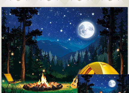 Forest Scene Camping Backdrop Night Campfire Tent Camping Adventure Bammer