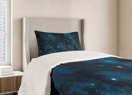 Lunarable Night Sky Bedspread, Spooky View Through Forest Branches Trees Foggy Sky with Stars, Decorative Quilted 2 Piece Coverlet Set with Pillow Sham, Twin Size, Sky Blue