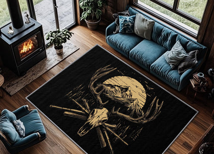 Yoozitrees Deer Skull Area Rug, 5x7, Black and Tan, Wildlife Pattern, Non Slip, Washable, Rustic Home Decor