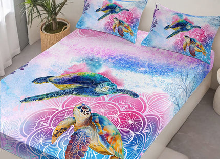 HOSIMA Sea Turtle Fitted Sheet Sets,Coastal Beach Themed Twin Bed Set for Girls Kids Teen Boys Room Decor, Crib Set,Mandala Bedding Twin Size,1 Sheet+2 Pillowcases.,Twin 39''*75''