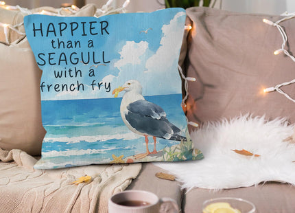 VRW Coastal Beach Seagull Throw Pillow Covers 18x18, Funny Happier Than a Seagull with a French Fry Decorative Pillow Covers for Home Bedroom, Ocean Beachy Room Decor Accent Pillows Cover Pillowcases